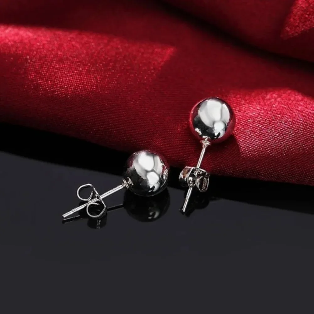 925 Sterling Silver 6MM Round Smooth Solid Ball Stud Earrings Fashion Wedding - Picture 4 of 6